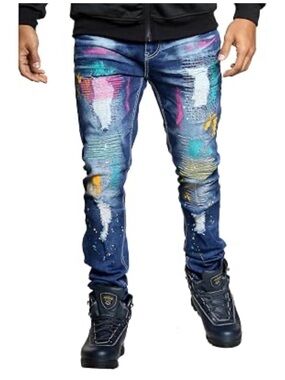 Men's Multi-Color Paint-Splash Skinny Jeans - Blue Denim